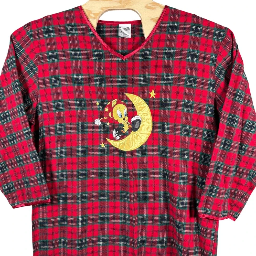 Warner Bros Tweety Bird Nightgown‎ Womens Medium Red Plaid Vintage 1999 Flannel